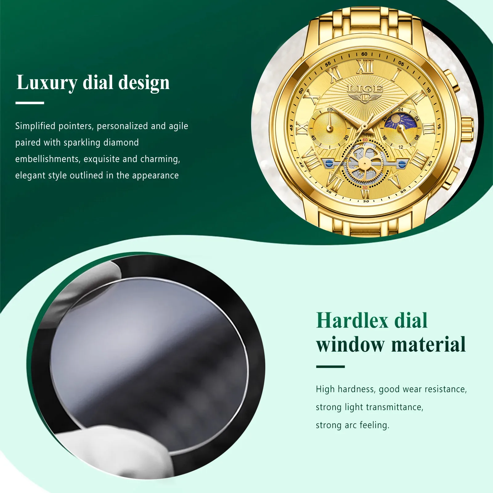 LIGE-Montre-bracelet de luxe pour femme, étanche, dorée, en acier inoxydable, à quartz, avec boîte, nouvelle collection