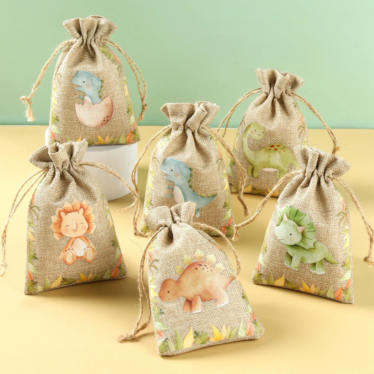 6Pcs Animal Gift Bags Jute Drawstring Burlap Bag Jungle Safari Birthday Party Decor Kids Baby Shower Chocolate Candy Bags