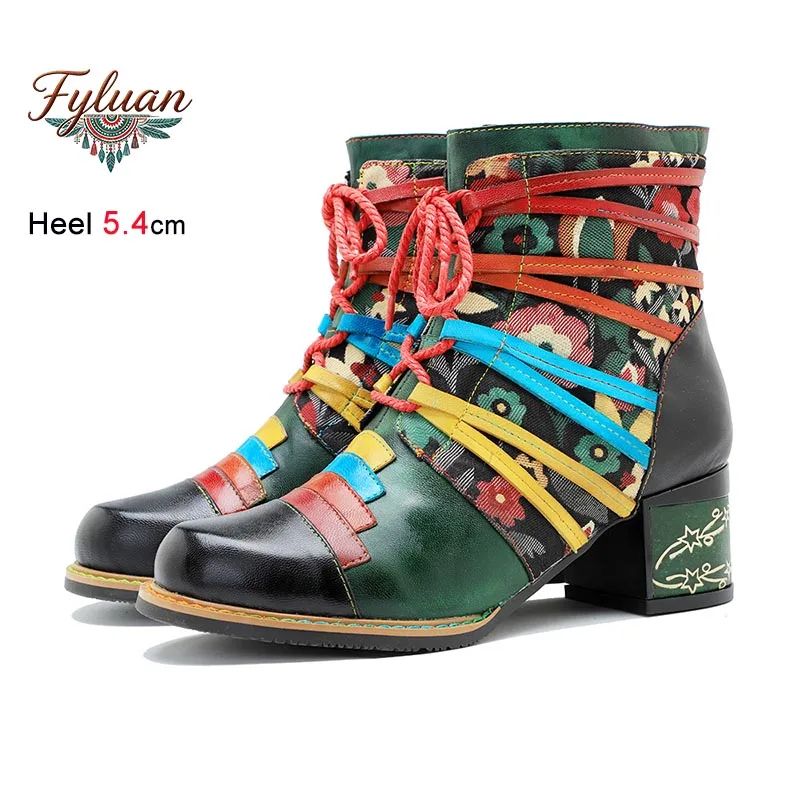 

New High Heel Women's Short Boots Autumn Fashion New Lady Shoes Hand Rubbed Color Print Splicing Lace Up Side Zipper Ankle Boots