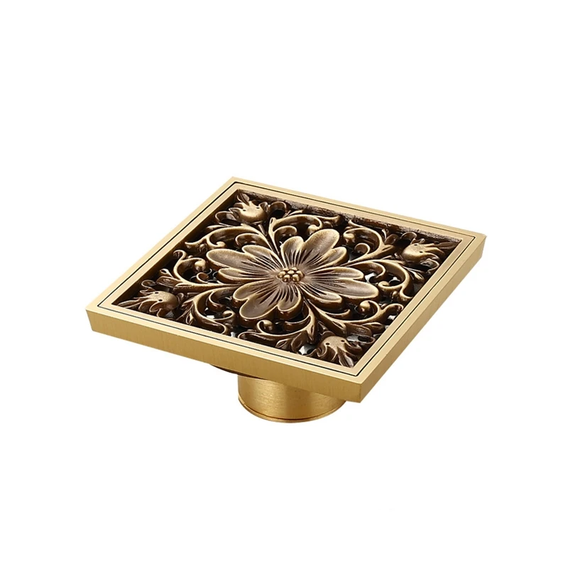 Antique Brass Carved Flower Floor Waste Grate Vintage Shower Drain Decorative Metal Floor Drain System for Bathrooms