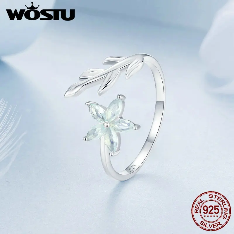 WOSTU Open Ring 925 Sterling Silver Green Floral with Opal Simple Accessories for Women Girl Party Birthday Gift Fine Jewelry