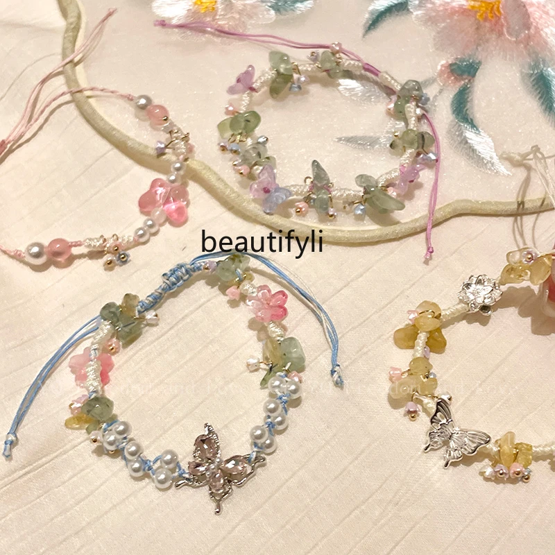 Natural Stone Mori Style Beaded Butterfly Bracelet Summer High-Grade Adjustable Temperament Bracelet Ornament