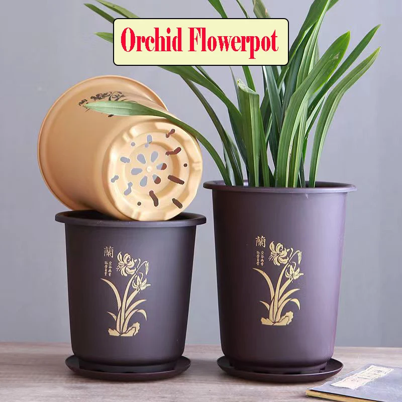 Pot de fleur d'orchidée spécial, en plastique rigide, respirant, profond, noir, avec plateau