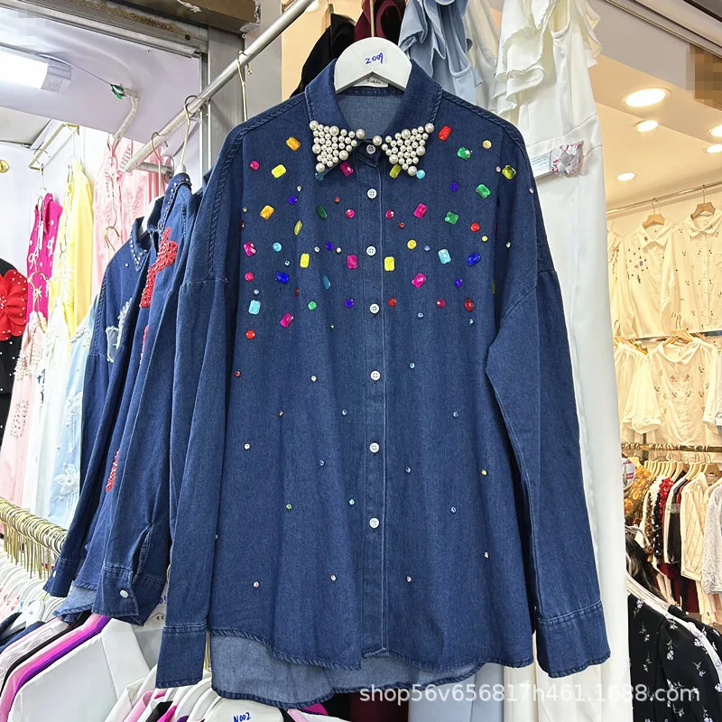 

Luxury Woman Rainbow Color Diamonds Beaded Denim Shirt Pearls Collar Jeans Blouses Rhinestones Cowboy Cardigan Long Sleeved Tops