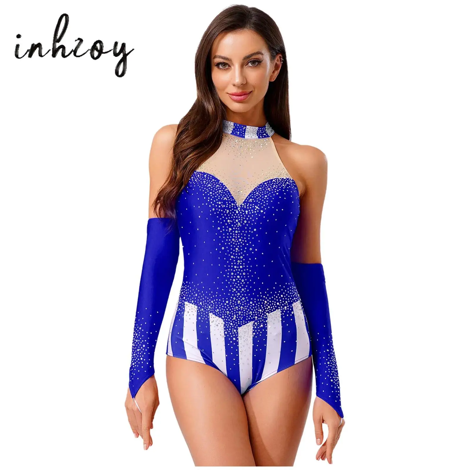 

Women's Gymnastic Skating Dancewear Circus Ringmaster Cosplay Bodysuit Glittery Rhinestone Sleeveless Leotard+Fingerless Gloves