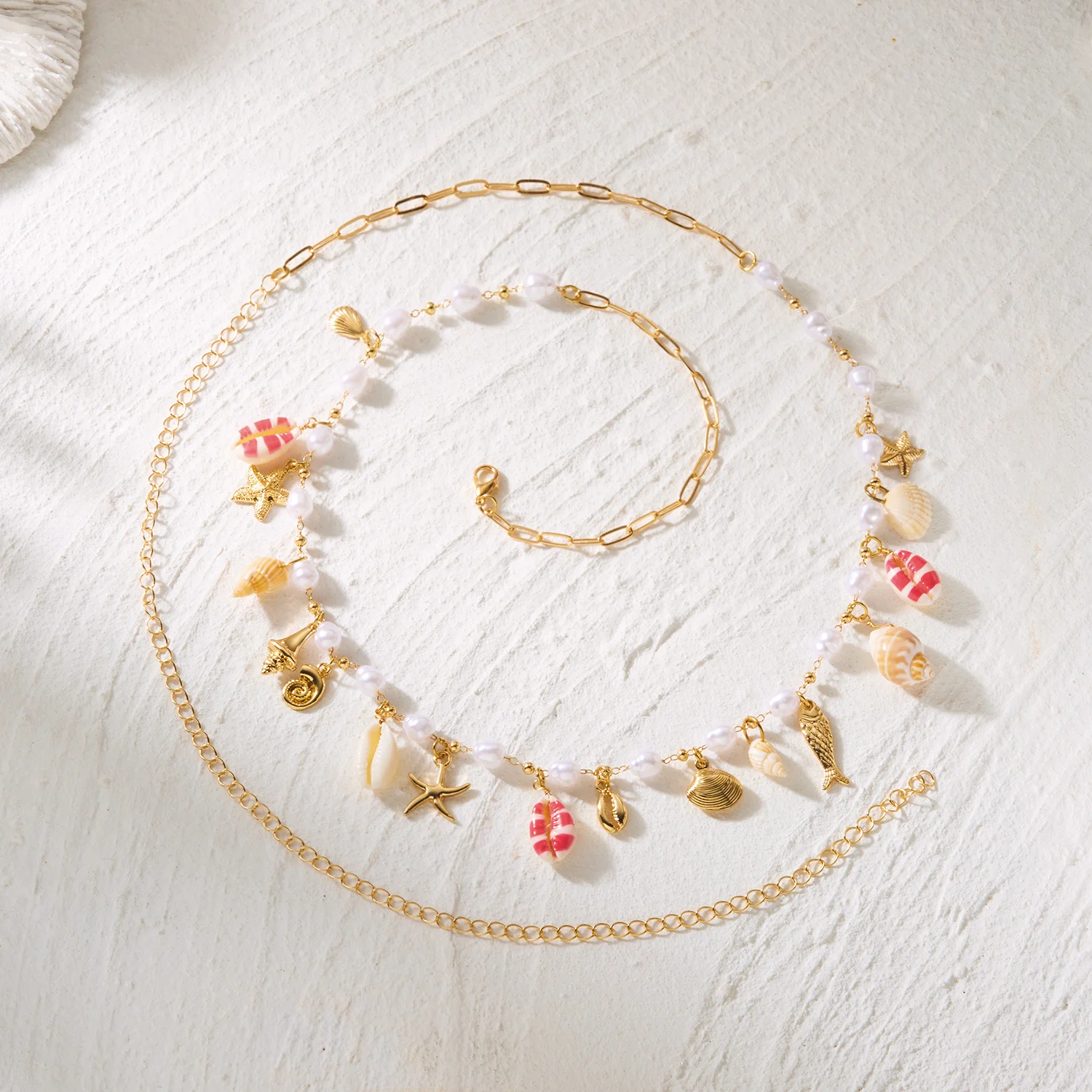 Trendige Y2K Sommer Boho Taillenkette für Damen – Elegante Körperkette mit Imitationsperlen, Muscheln, Seesternen und Conch-Anhängern – Bikini-Schmuck – Detail 6