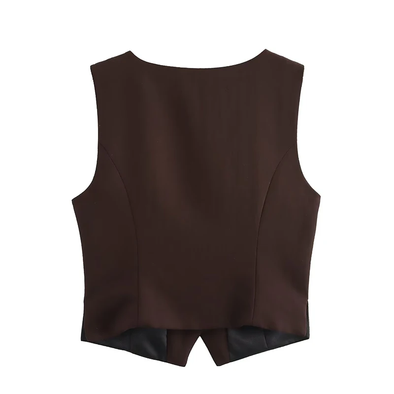 Willshela Women Fashion Brown Single Breasted Sleeveless Jacket Vintage V-Neck Vest Female Office Lady Waistcoats