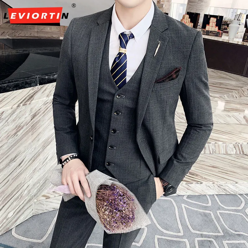 4XL 5XL ( Suits+Vest+Pants) Male Fashion Boutique Plaid Casual Business Suit High-end Brand Men Formal Suit Groom Wedding Suits