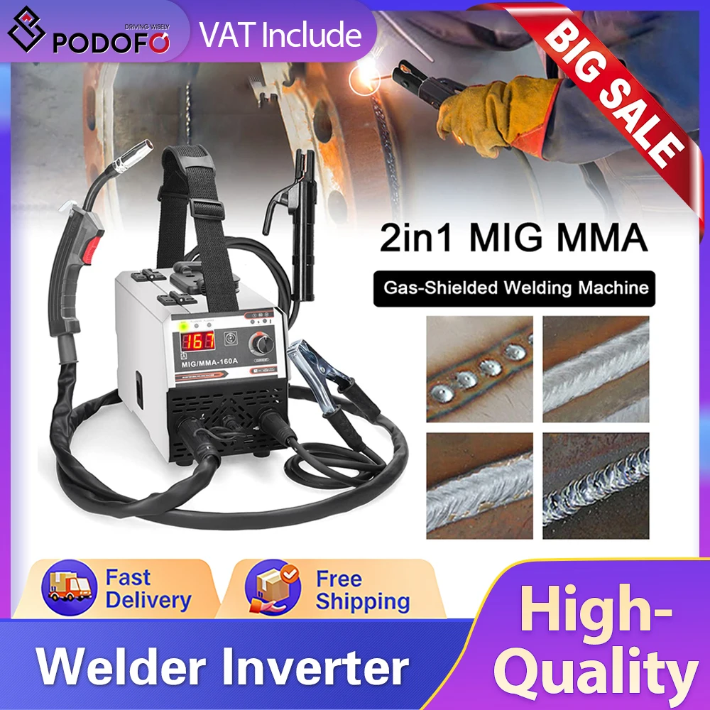 Podofo 2in1 MIG MMA Welders IGBT DC Inverter Welders CO2 Gases-Shielded and Manual Welding Machine Non-Gas-Shielding Arc Welder