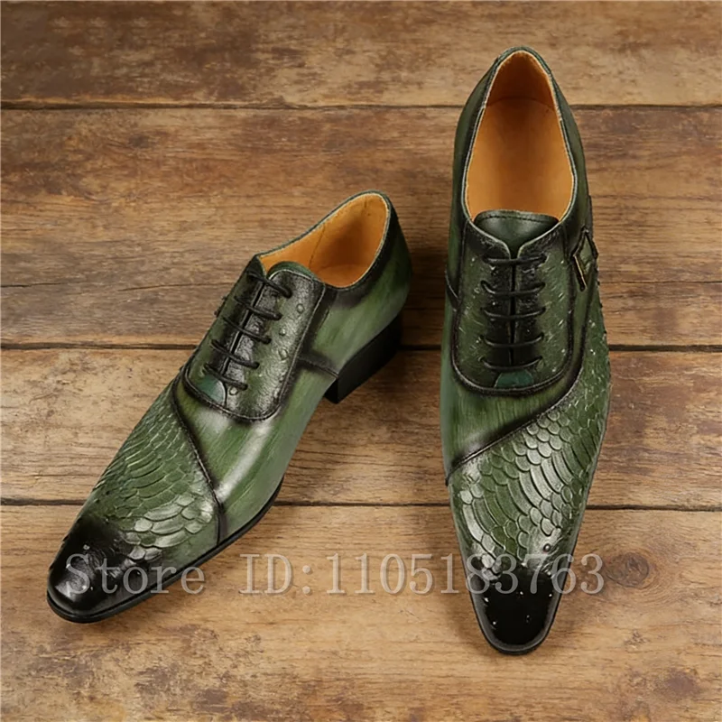 

Luxury Men's Green Handmade Crocodile Pattern Leather Formal Shoes, Lace-Up Business Dress Footwear for Groom Prom