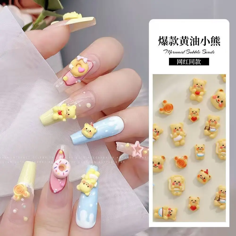 50Pcs Internet Celebrity Butter Bear Three-dimensional Cute Manicure Jewelry Sweet Girl Heart Bear Manicure Jewelry