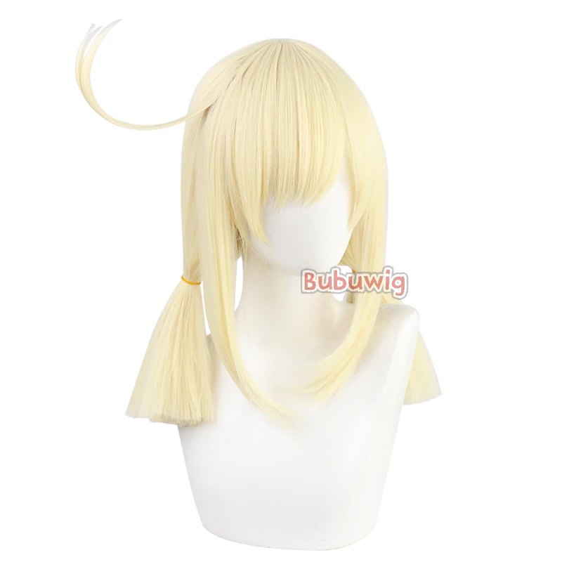 Bubuwig Kunsthaar Genshin Impact Klee Cosplay Perücken Frauen 35 cm Mittellang Gerade Hellblond Pferdeschwanz Perücke Hitzebeständig