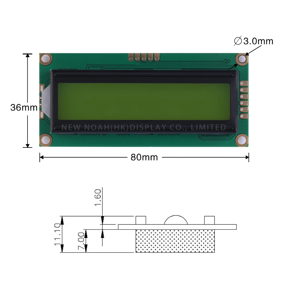 옐로우 그린 필름 지지대 방식 개발 IIC, I2C 직렬 포트 화면, 1602A-19 문자 LCD 화면, 02*16 LCD, 80*36*11.1mm