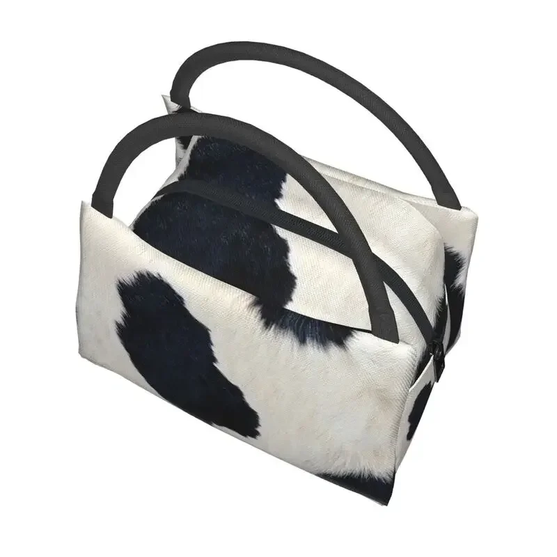 Real Black And White Cowhide Thermal Insulated Lunch Bags Print Women Rustic Cow Faux Fur Skin Leather Resuable Meal Food Box