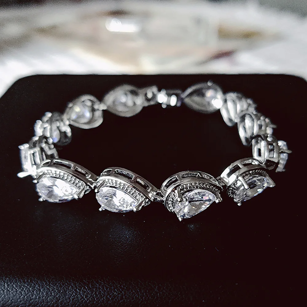 2023 New Luxury 18CM Angel Tears Pear silver color on hand Bracelet Bangle For Women Anniversary Gift Jewelry Bulk Sell S5448