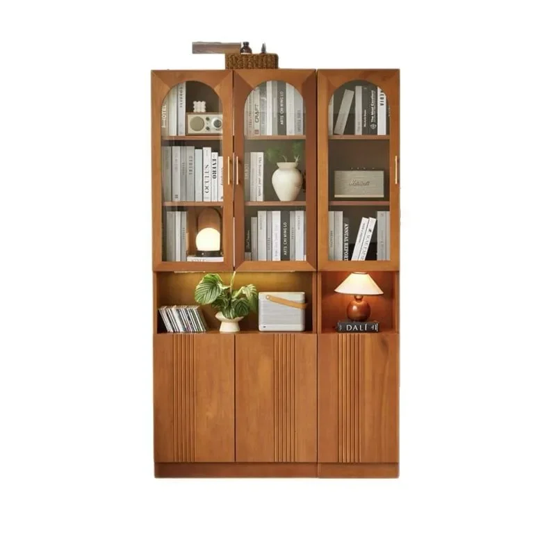 

Medieval solid wood combination integrated whole wall display cabinet glass door storage background wall bookcase study floor
