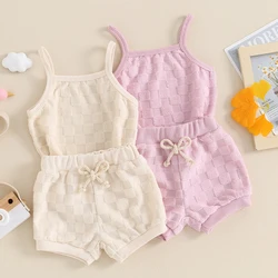 Summer Newborn Baby Girl   Solid Color Checkerboard Print Camisole Drawstring Shorts Set  Infant Toddler Clothes Casual Outfits