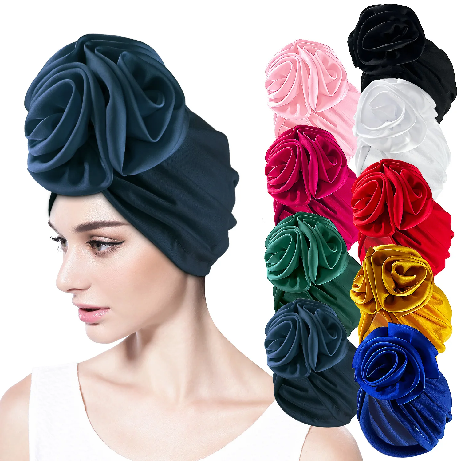 2024 New Flower Decoration Turban Solid Color For Women Party Turban Headwear Cap Hair Accessories Ladies Cancer Hats India Cap