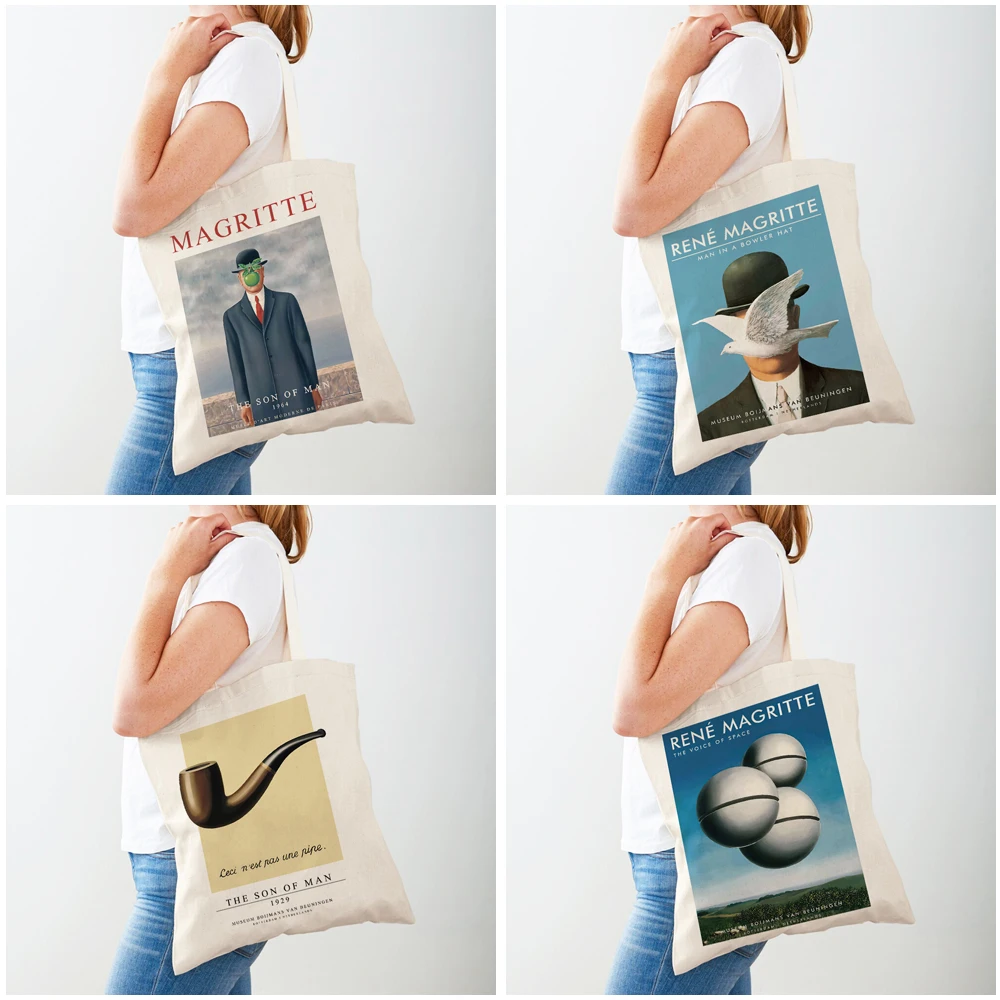 Magritte The Lovers Eye Pigeon Surrealism Lady Shopping Bag Supermarket Travel Tote Handbag Casual Canvas Women Shopper Bags