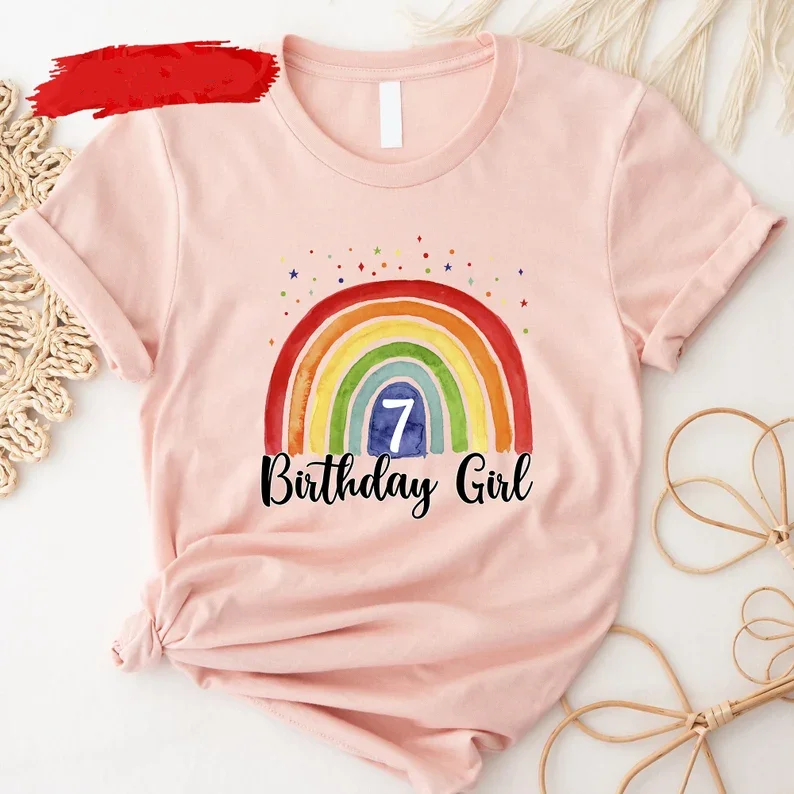 Custom Year Old Birthday Girl Shirt Rainbow Birthday TShirts Birthday Party Countdown Youth Toddler 100%Cotton harajuku goth y2k