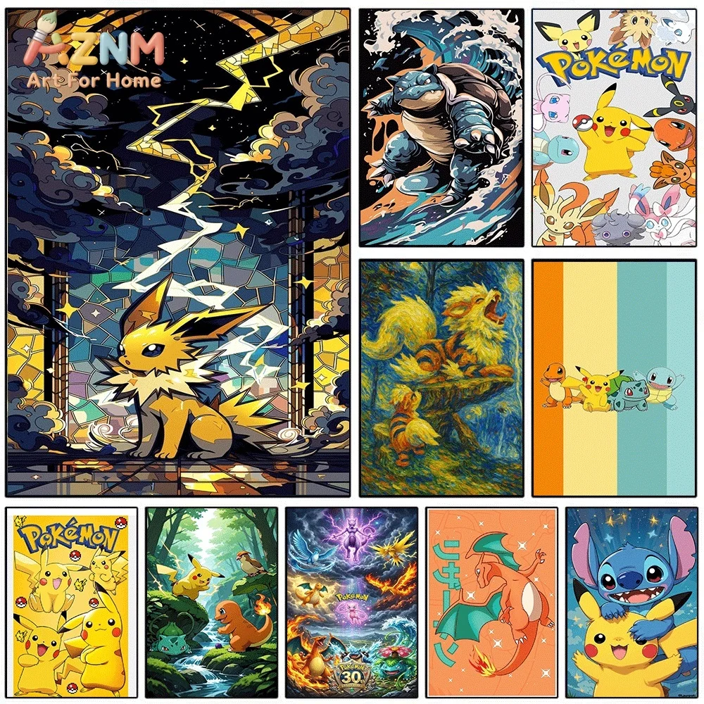 AZNM Jolteon Lightning Mosaic Style Anime Canvas Wall Print, Game Character Art Poster, Unframed Canvas Painting for Kids Bedr