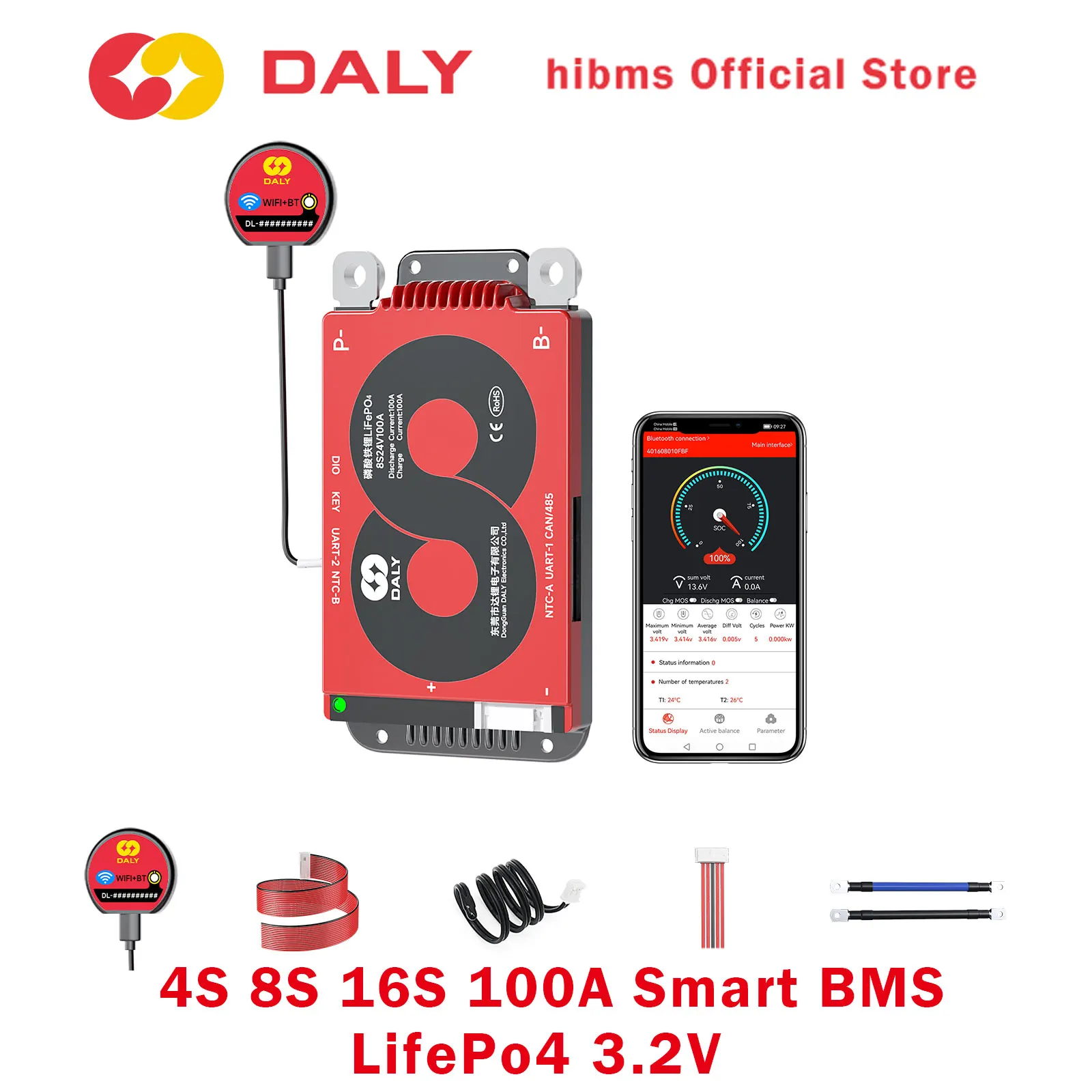 دالي BMS 4S 12V 8S 24V 16S 48V 100A بلوتوث BMS Lifepo4 3.2V بطارية UART الذكية BMS