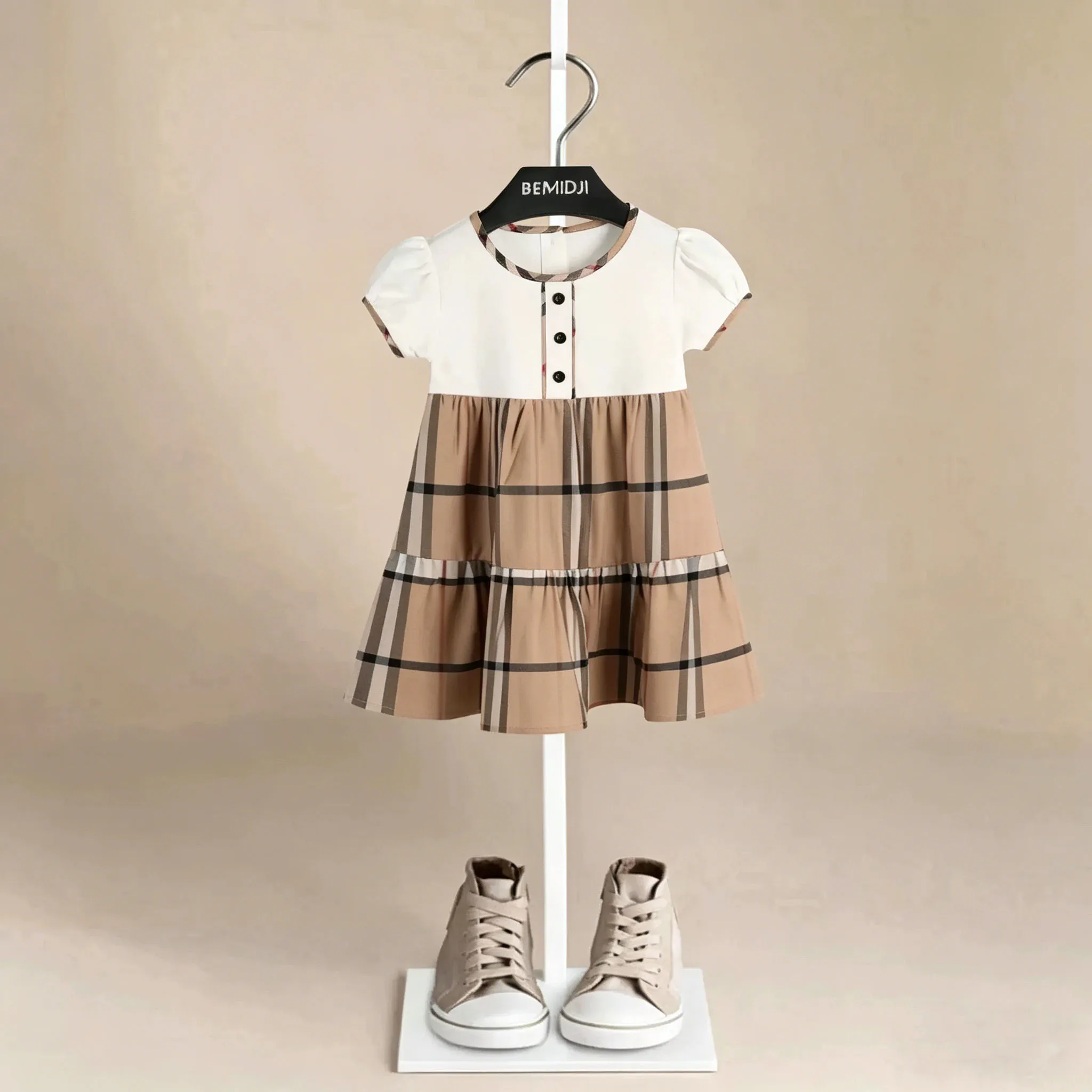 2026 New Girls Children Dress Summer 2-6Yrs Bubble Short Sleeve Dress Striped Plaid Ruffled Collar Cotton Sweet Dress