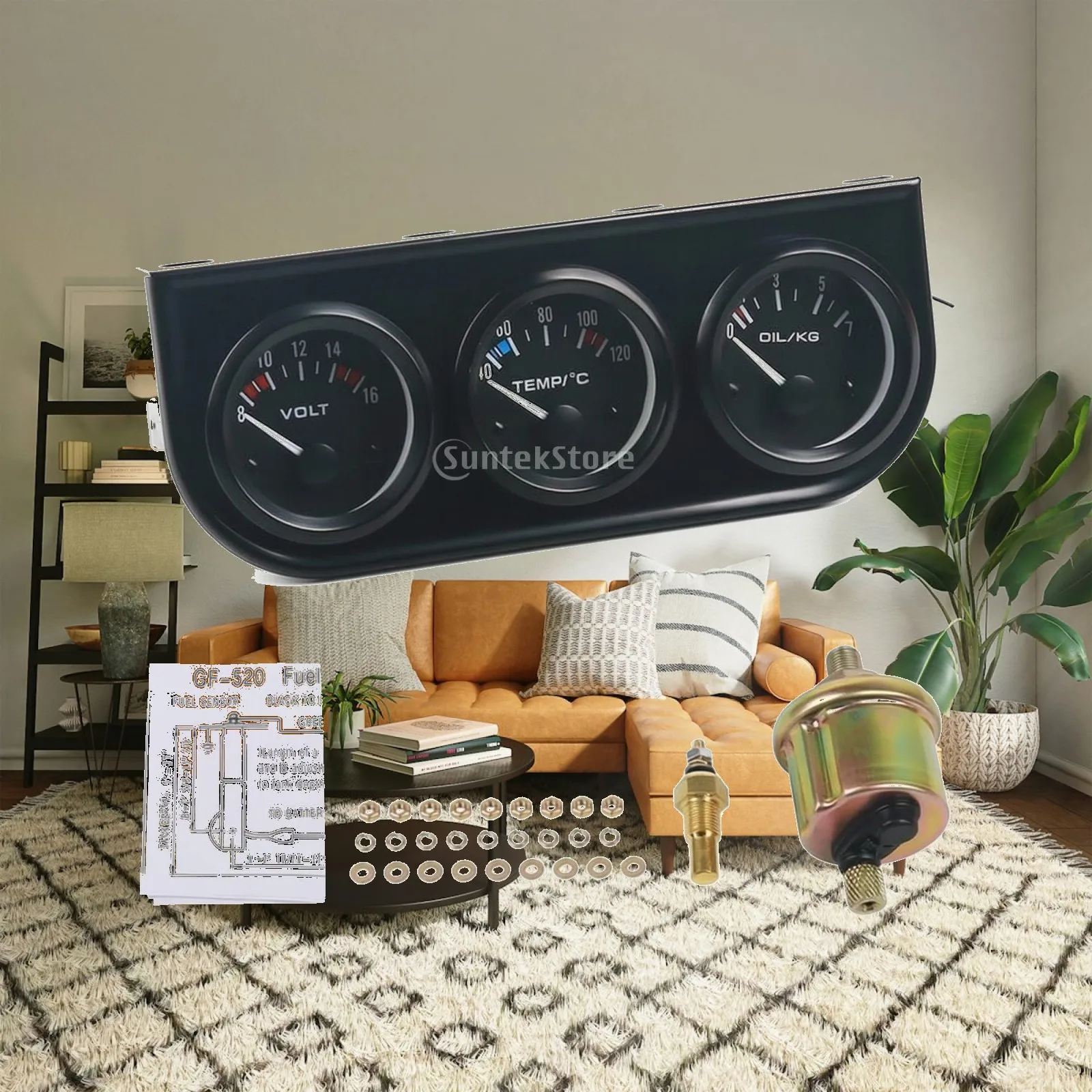 12V Car Voltage Oil Gauge Set Triple Analog Meter Panel Black Housing Iron Core for Custom Console Build