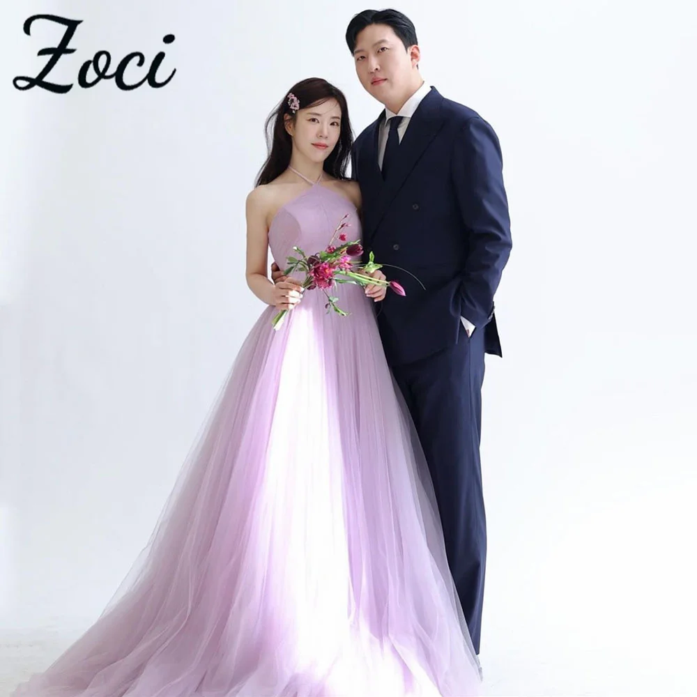 

Zoci Elegant Halter Purple Korea Wedding Reception Dresses Spaghetti Strap Customized Wedding Photos Shoot Evening Party Gown