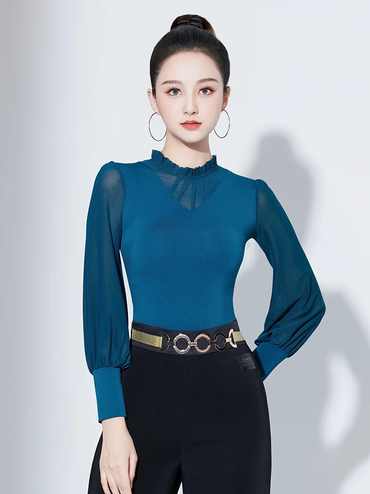 

Women's National Standard Dance Clothing Latin Dance Top Mesh Long Sleeve Top Chacha Rumba Tango Modern Dance Costumes DQL11323