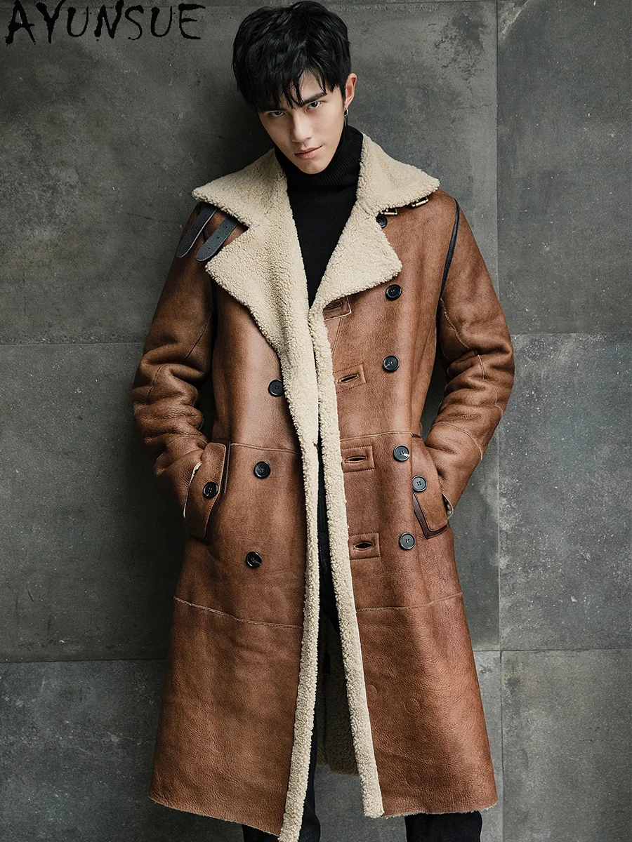 AYUNSUE High-end Merino Sheep Shearling Jacket Men Winter Mid-length Warm Natural Fur Coat Man Luxury 2025 Mens Fur Jacket Coat