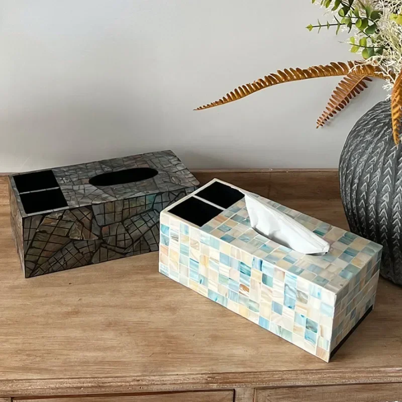 Rectangular Shell Tissue Box Multifunction Colorful Shells Storage Box Living Room Remote Organizer Model Room Decoration