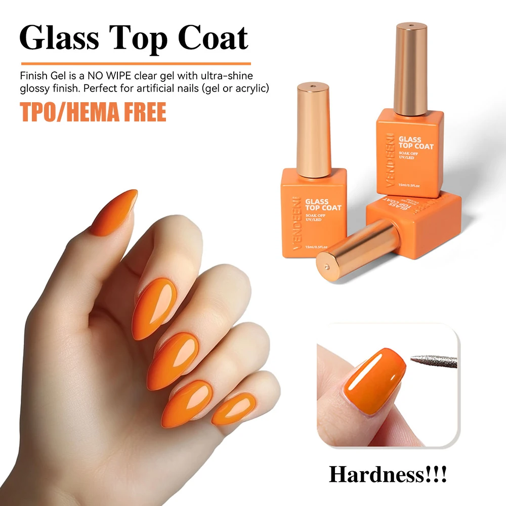Vendeeni TPO HEMA FREE 슈퍼 샤인 글래스 탑 코트 젤 네일 폴리쉬 UV LED 소크 오프 젤 바니시 마모 방지 스크래치 방지 탑 코트