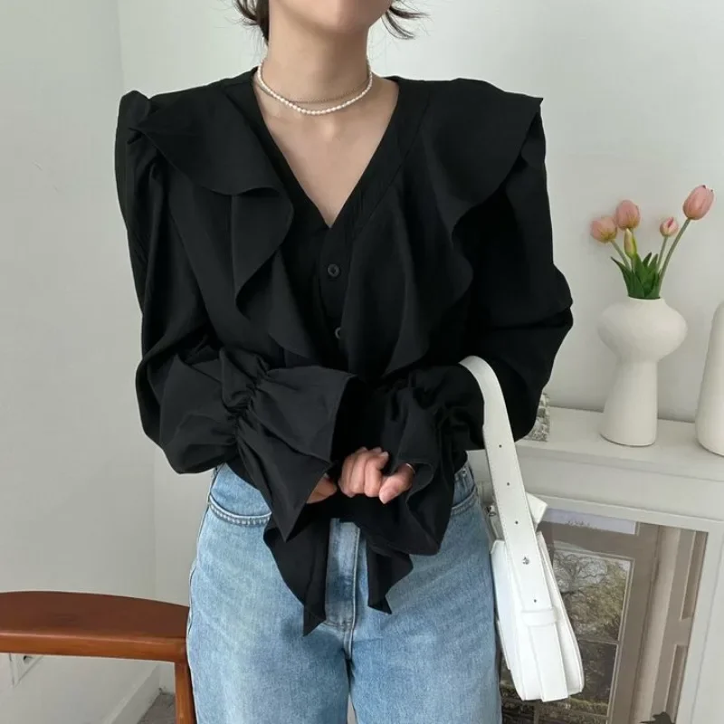 Neploe Elegant V-neck Ruffles Shirts Women 2024 Early Autumn New All-match Blouses Y2k Flare Sleeve Loose Black Blusas Mujer