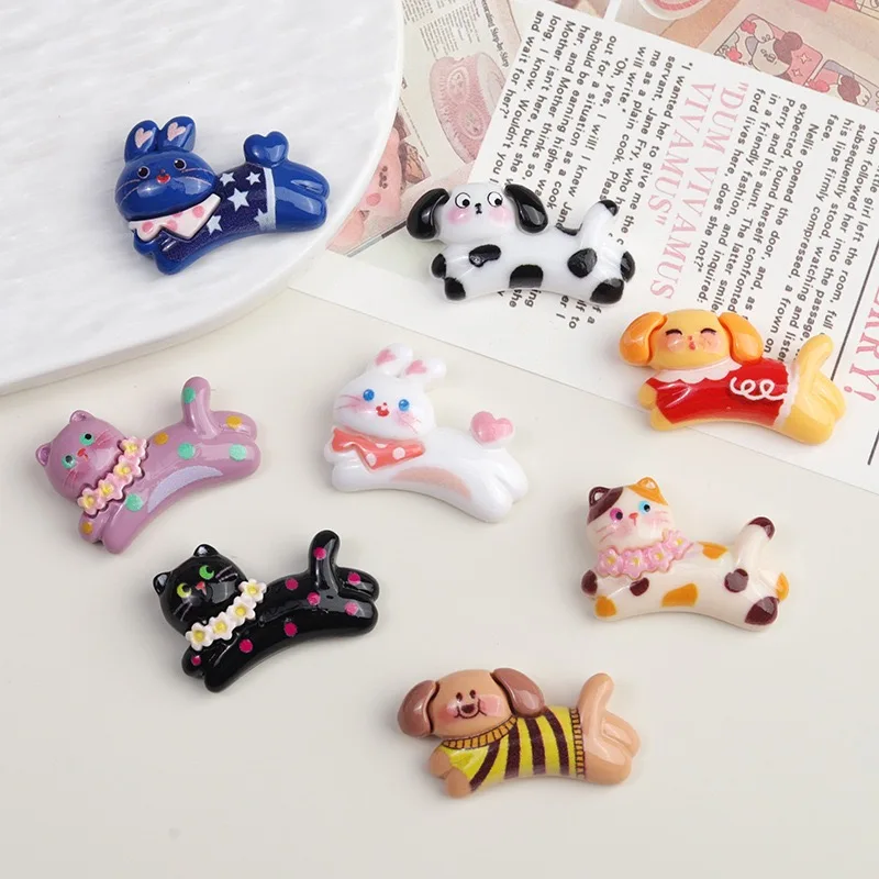 10pcs New Cute Resin Rabbit Dog Cat Flatback For Manicure Parts Embellishments Hair Bows Accessories