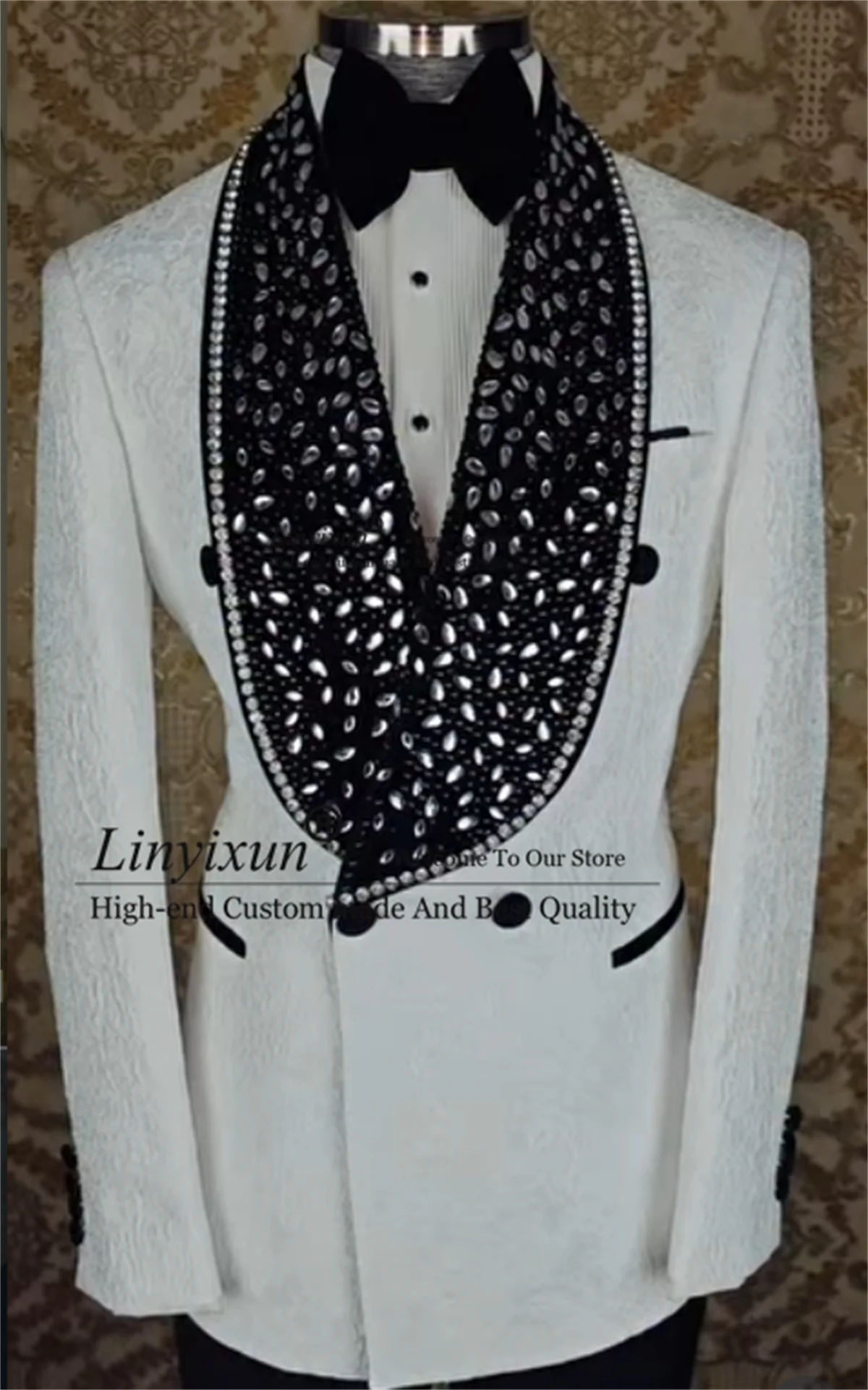 

Роскошные жаккардовые смокинги для мужчин, индивидуальный пошив, приталенный крой, с кристаллами и стразами, свадебные пиджаки для жениха, комплекты из 2 предметов, для вечеринок, мужская одежда