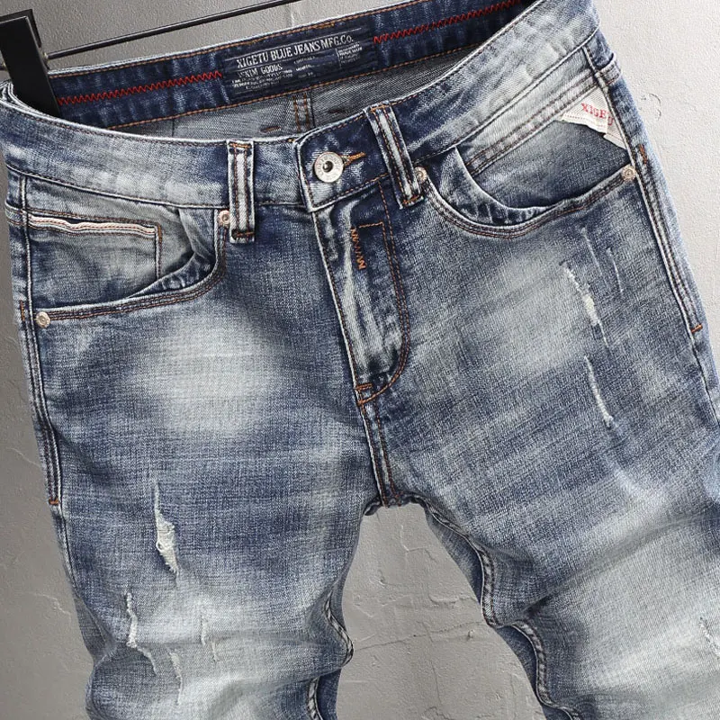 Italian Style Fashion Men Jeans High Quality Retro Washed Blue Elastic Slim Fit Ripped Jeans Men Vintage Designer Denim Pants