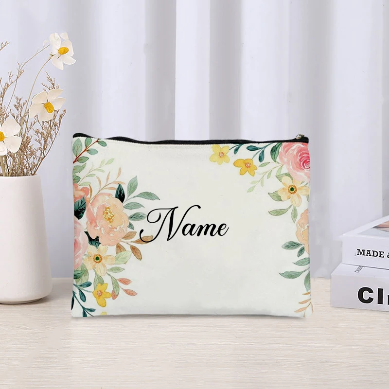 Custom Name with Floral Makeup Bag Wedding Bridesmaid Gifts Handbag Travel Cosmetic Organizer Side Bag for Ladies Trendy Purse