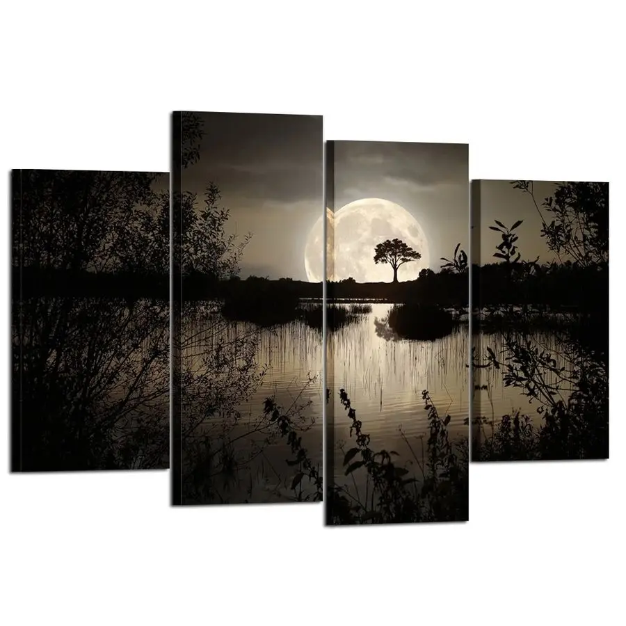 

ARTS 4 Pieces Canvas Prints Wall Art Big Moon over Lake in Dark Forest Modern Canvas Painting Landscape Picture Peaceful Jungle
