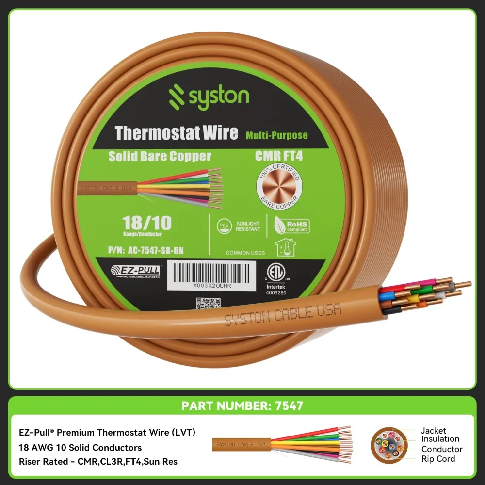 

18/10 Thermostat Doorbell HVAC Heating Control Cable Wire, 100% Solid Copper Conductors CL3R/FT4/CMR Riser-Rated