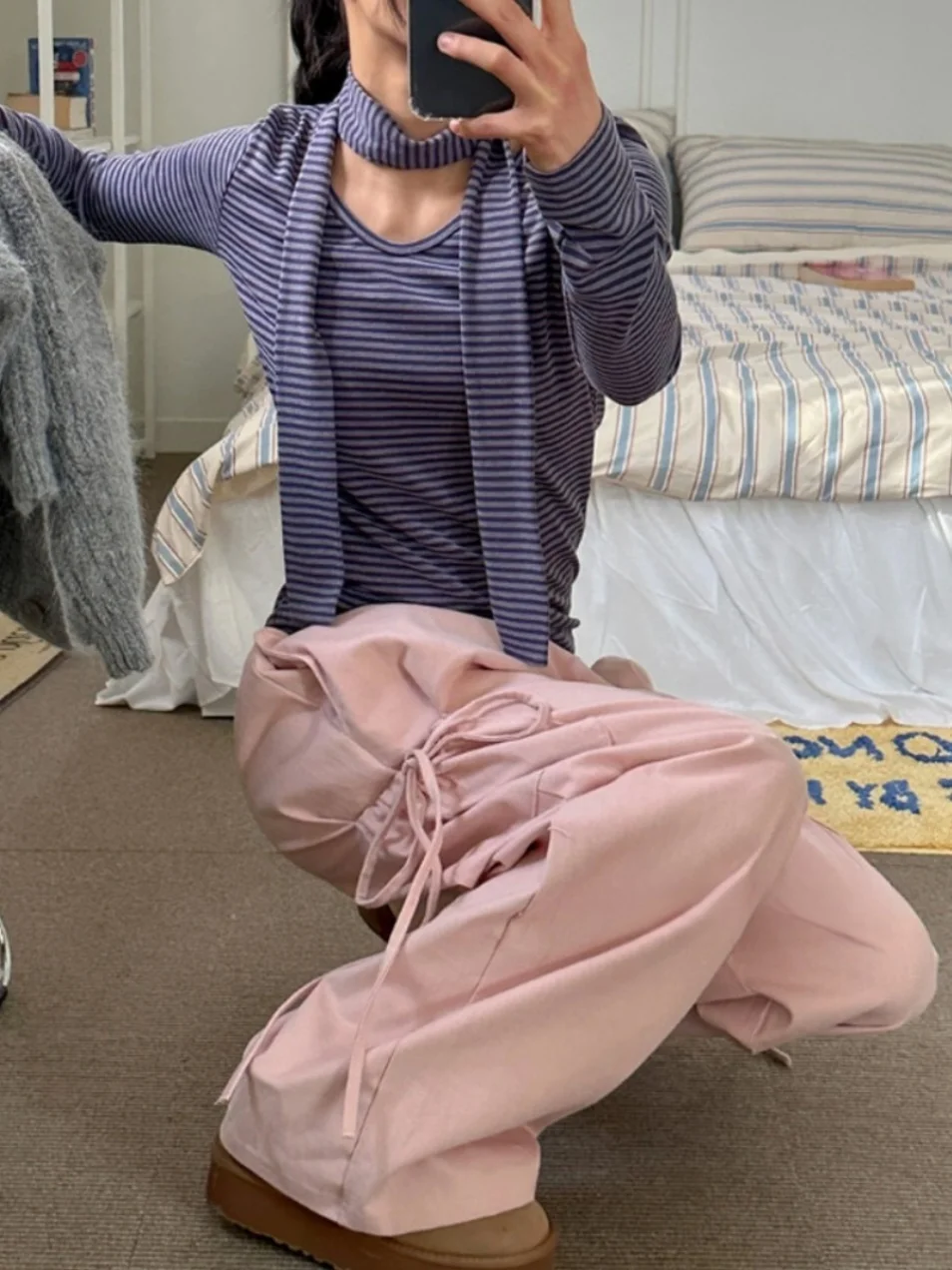 Pantalon décontracté ample à jambe droite pour femmes, avec bouilloires latérales, Design Anti-âge, ceinture à nœud, en coton, pour les déplacements