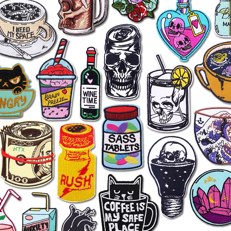 Punk Totenkopf-Becher-Aufnäher zum Aufbügeln, bunte Herz-Patches für Kleidung, Jacken, zum Aufnähen