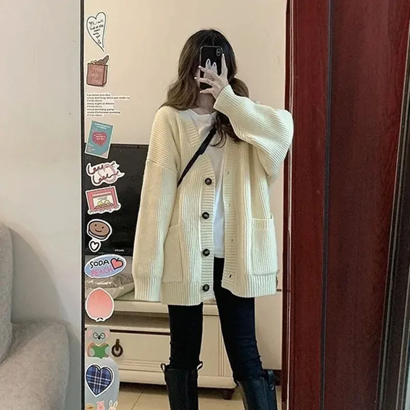 Autumn Grey Women Knitted Cardigan Korean Oversize Pocket V Neck Single Breasted Jumper Casual Loose Preppy All Match Sweater