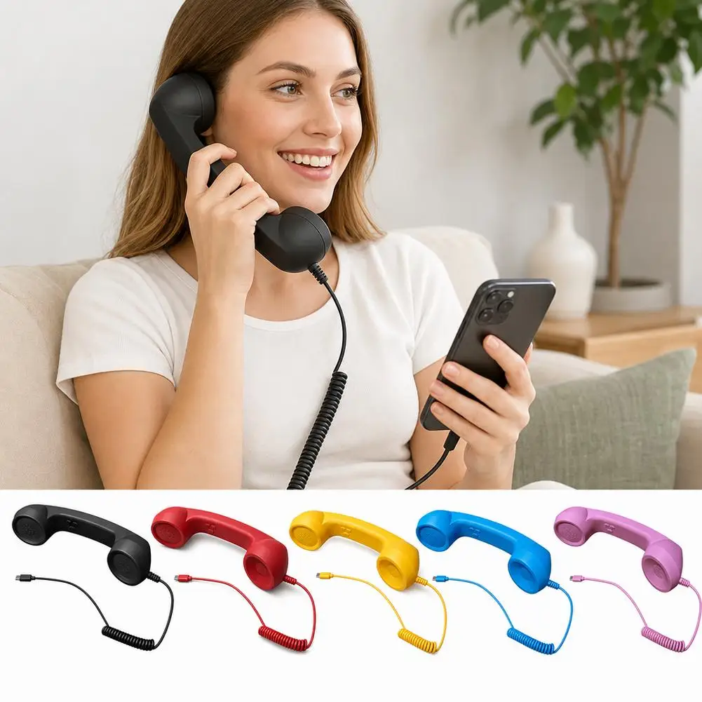 Type‑C Retro Mobile Phone Handset Vintage Old‑Fashioned Telephone Receiver Built‑in Microphone Volume Control Handset