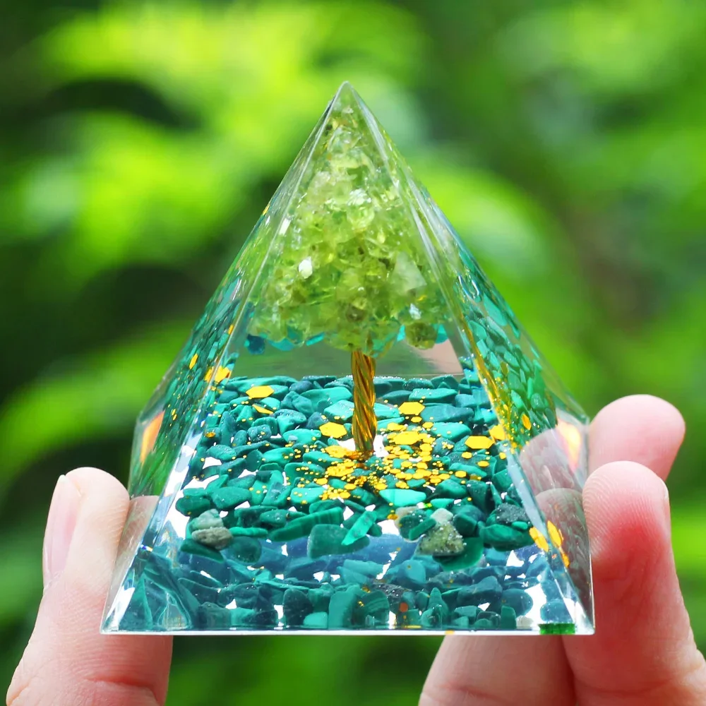 Tree of Life Orgone Pyramid Natural Crystal Amethyst Peridot Healing Reiki Chakra Energy Generator Orgonite Pyramid Room Decor