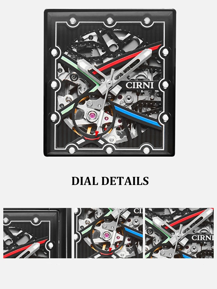 CIRNI-Relógio mecânico de luxo automático masculino, esqueleto retangular, relógio impermeável, moda, 5Bar, 2023