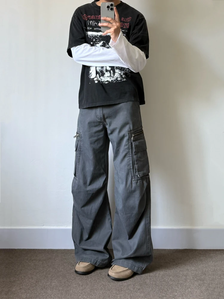 

Rotown American Retro Multi-ket Work Pants Men's Loose Casual Versatile Wide Leg Straight Tube Floor-Length Trousers