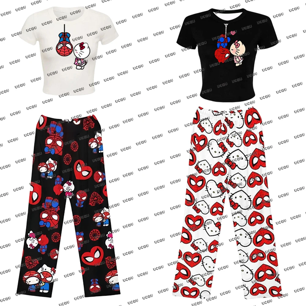 

Укороченный топ «Hello Kitty&Spider-Man» с пижамными штанами, новая летняя уличная одежда для пикантных девушек, повседневные костюмы, женские укороченные топы Y2K, наряды