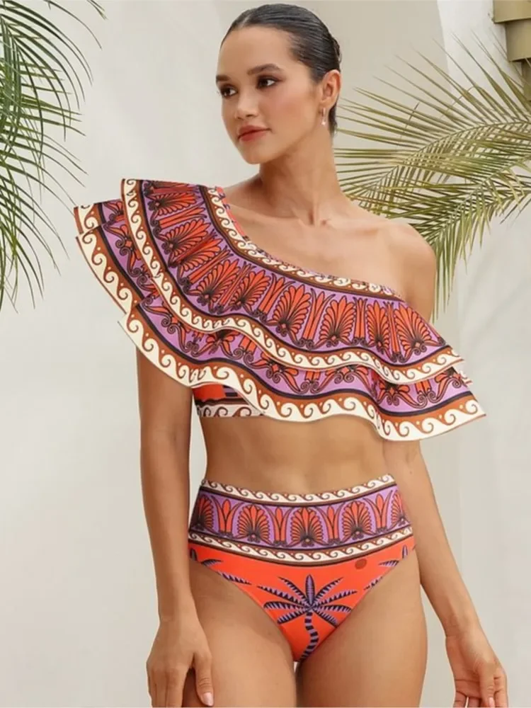 Retro Bikini Printed Fashion Bikini Set And One Piece Cover Up With Skirt Tight Women's Bandage Summer Beach Luxury Elegant
