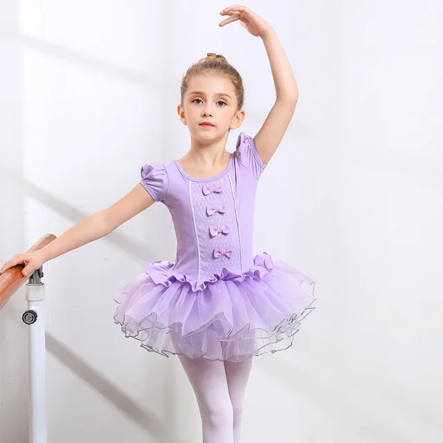 Vestido de tutú de baile de Ballet para niñas, leotardo de gimnasia con lazo de tul de manga corta/larga, ropa de fiesta de cumpleaños